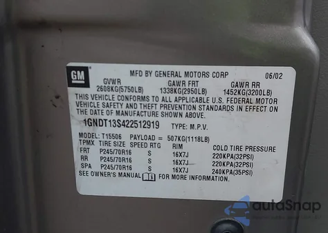 2002 Chevrolet Trailblazer Ls из США, поврежденный, VIN 1GNDT13S422512919